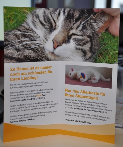 Flyer GOLD CAT Katzenbetreuung Hamburg- Zuhause ist es immer noch am schönsten für Ihren Liebling
